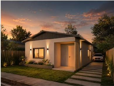 Vivienda modular OMBU, fachada al atardecer