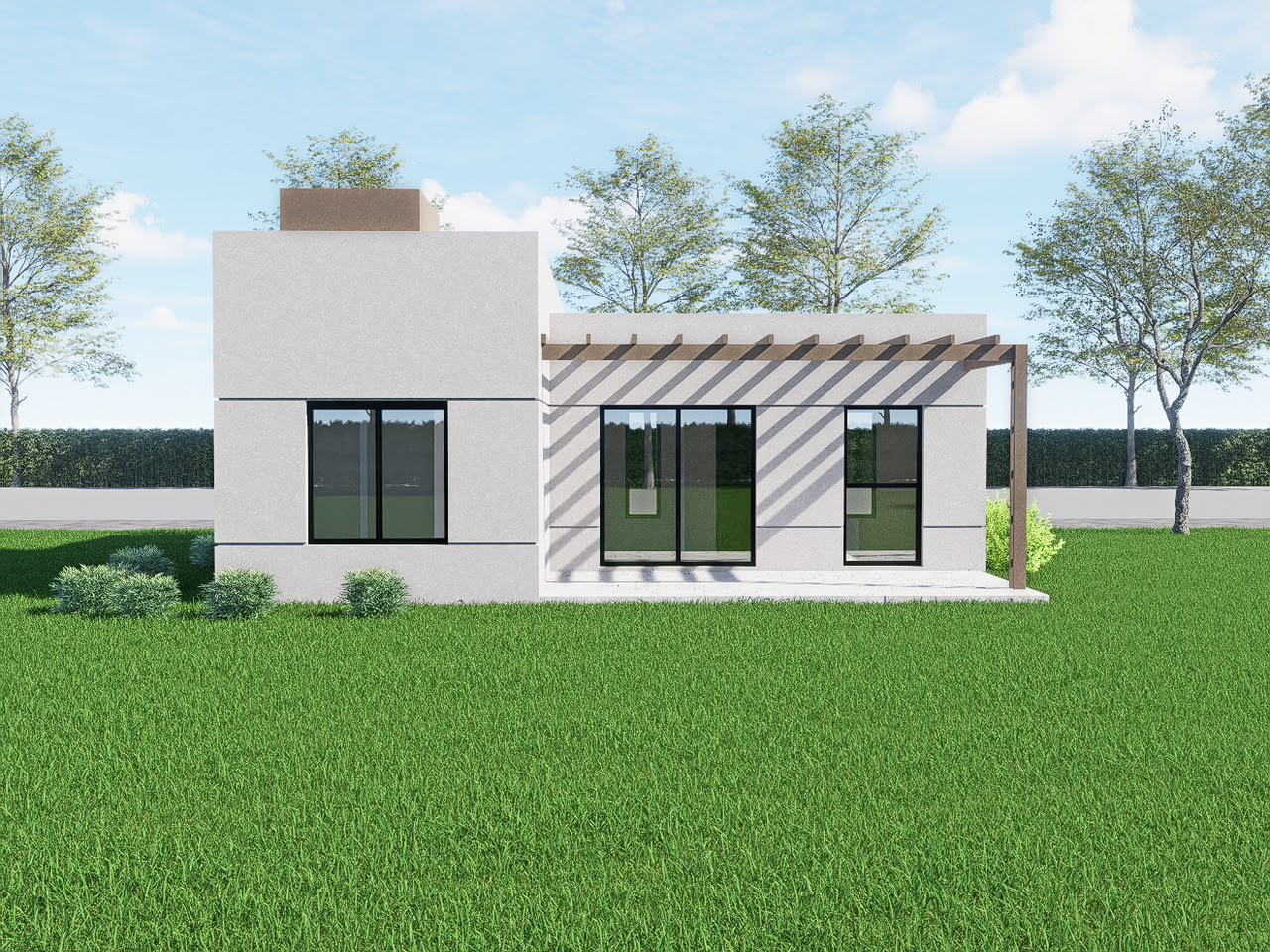 Vivienda modular con pérgola exterior