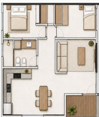 Planta de la vivienda modular de 55 m²